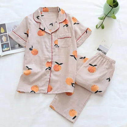 Saviig Cotton Gauze Women's Pajama Set: Short-Sleeve Top & Pants, Cute & Lightweight