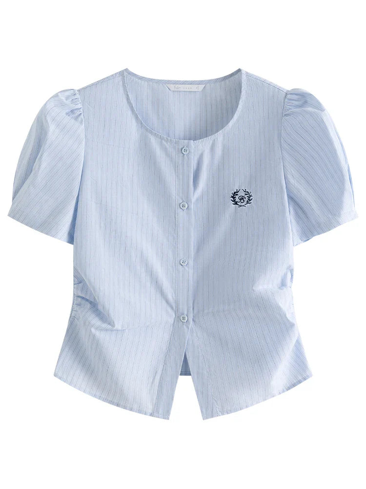 Saviig Light Blue Striped Casual Shirt Women Summer Slim Fit Short Sleeve