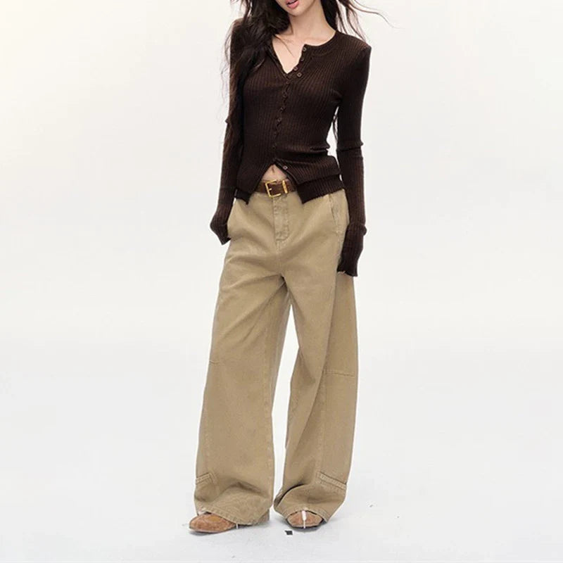 Saviig Vintage Khaki Wide Leg Jeans for Women - High Waist & Loose Fit