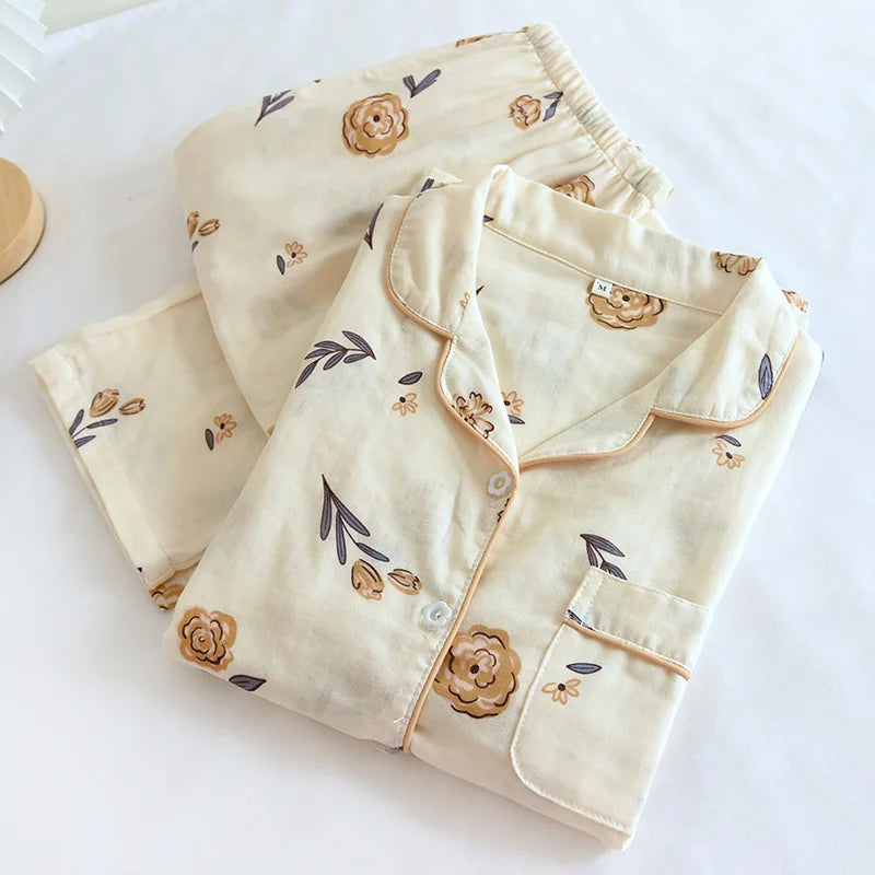 Saviig Cotton Gauze Women's Pajama Set: Short-Sleeve Top & Pants, Cute & Lightweight