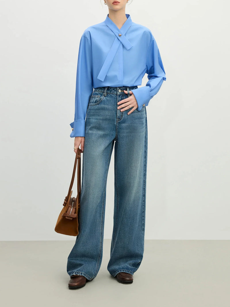 Saviig Women's Cotton Long Sleeve Ribbon Shirt - Spring 2025 Casual Loose Fit