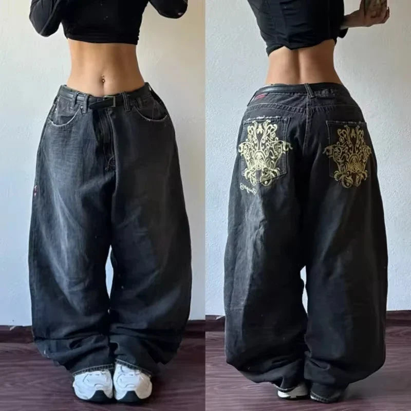 Saviig Embroidered Baggy Hip Hop Jeans High Waist Vintage Harajuku Style
