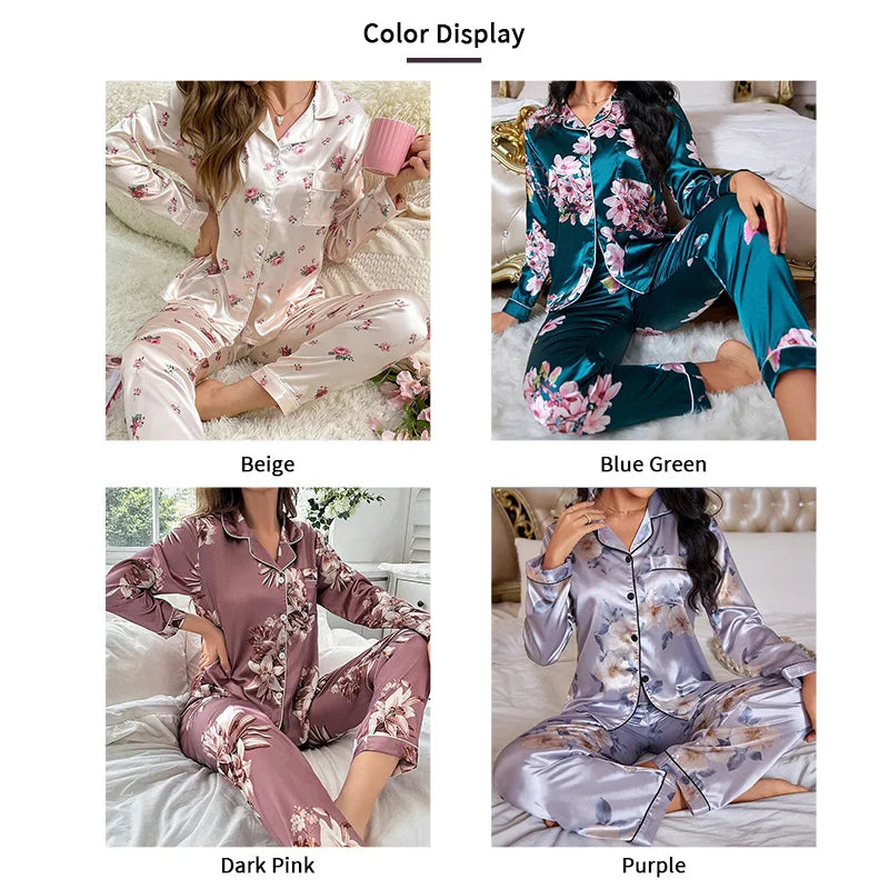 Saviig Floral Print Satin Pajama Set, Long-Sleeve Button Down Loungewear Costume