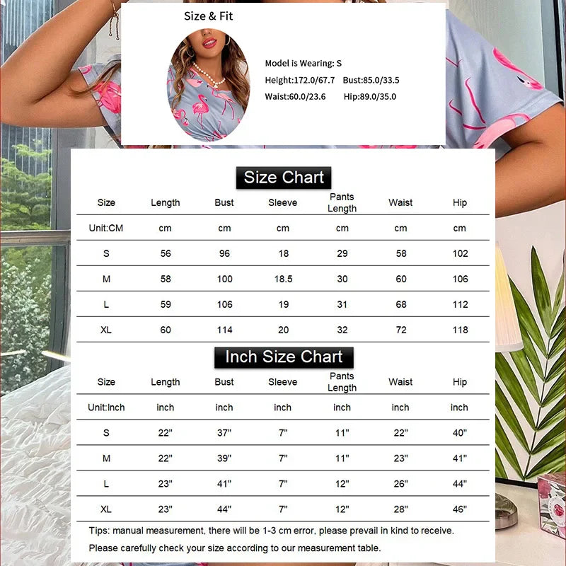 Saviig Flamingo Print Pajama Set for Women Short Sleeve Top Shorts Pyjama Femme