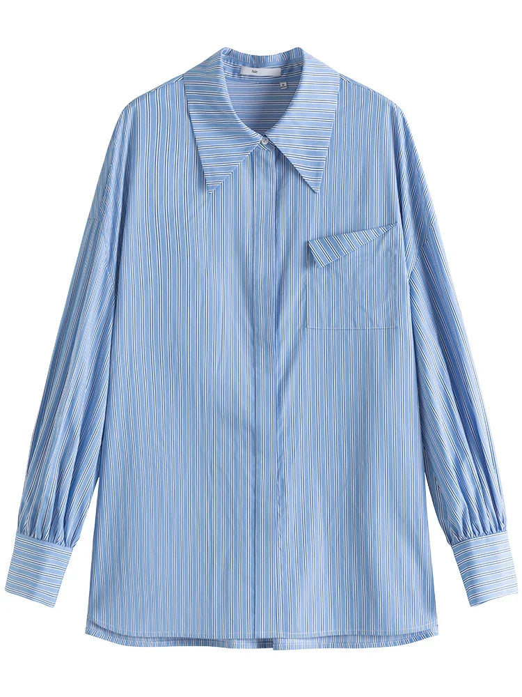 Saviig Blue Striped Button Up Shirt - Women's Oversized Casual Blouse