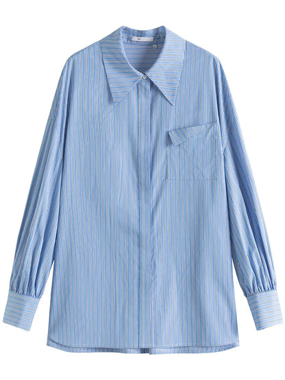 Saviig Blue Striped Button Up Shirt - Women's Oversized Casual Blouse