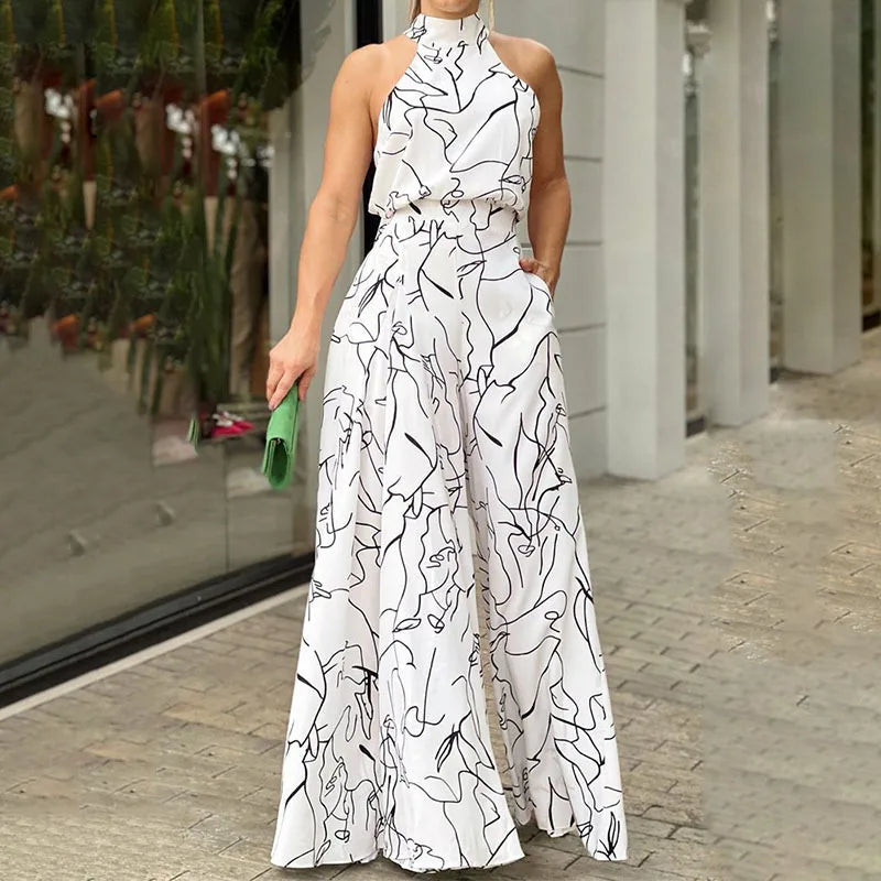 Saviig Art Print Halterneck Jumpsuit High Streetwear Slim Long Pants Elegant Style