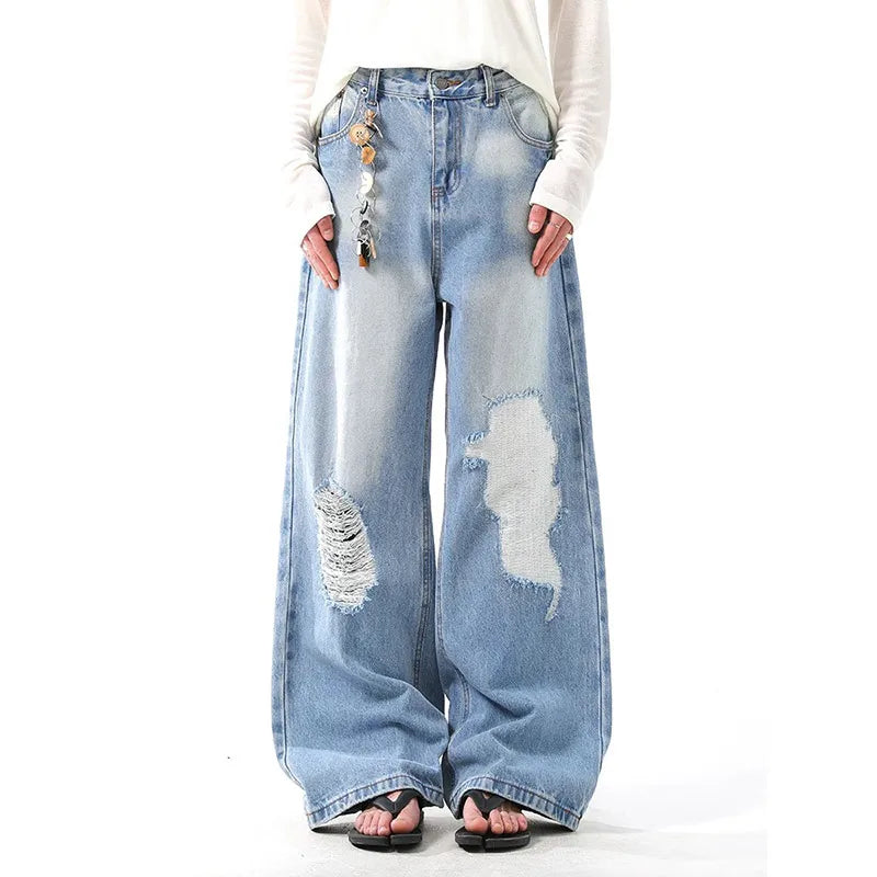 Saviig Vintage Straight High Waist Blue Jeans Wide Leg Pants Denim Trouser