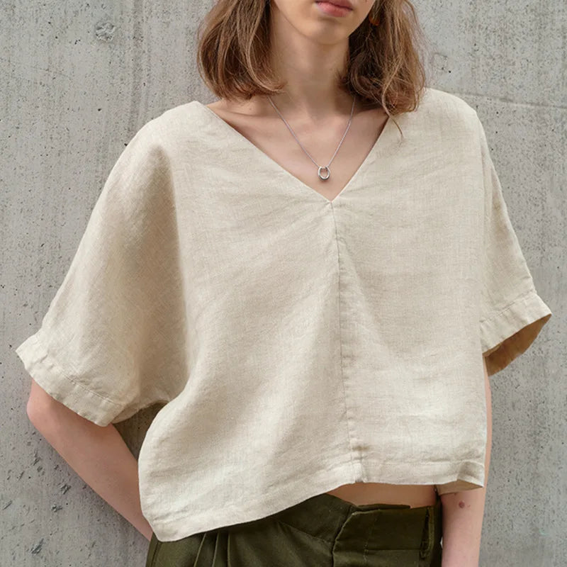 Saviig Linen Backless V-Neck Top Women 2025 Casual Solid Color Loose Summer T-Shirt