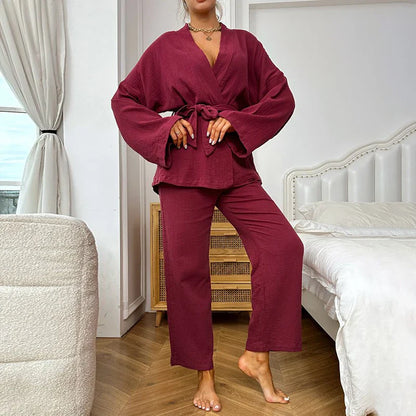 Saviig Women's Cotton Pajama Set with Robe and Kimono Pants