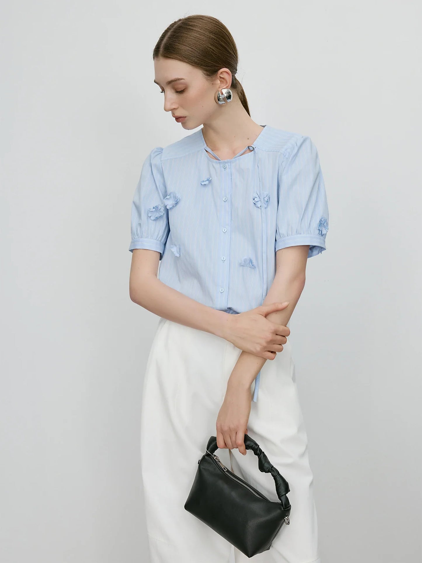 Saviig Women's Blue Striped Beaded Short Sleeve Summer Shirt