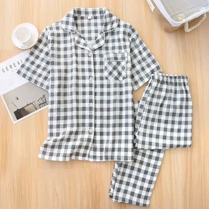 Saviig Cotton Gauze Women's Pajama Set: Short-Sleeve Top & Pants, Cute & Lightweight