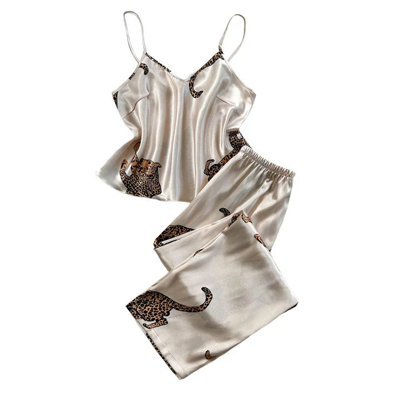 Saviig Sexy Leopard V-Neck Pajama Set: Top & Elastic Shorts for Women