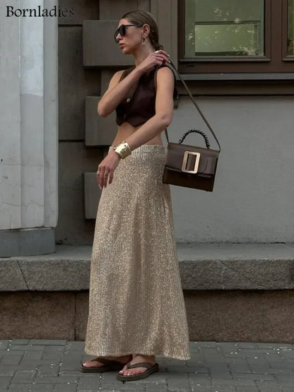 Saviig Silk Sequins Dropped Waist Long Skirt - Elegant Streetwear Fashion