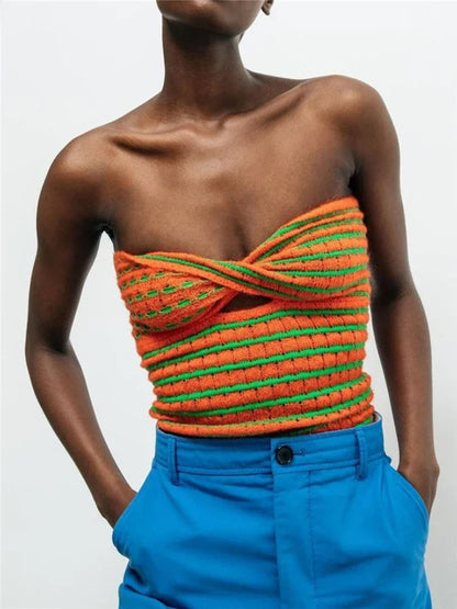 Saviig Striped Knit Tube Top - Sexy Off Shoulder Backless Bustier Streetwear