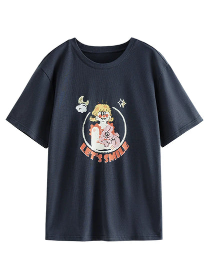 Saviig American Retro Loose Cotton Printed Short-sleeve T-shirt Women Summer Casual Tops