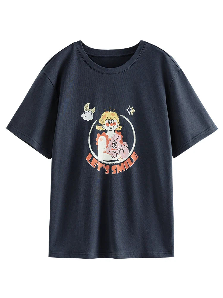 Saviig American Retro Loose Cotton Printed Short-sleeve T-shirt Women Summer Casual Tops