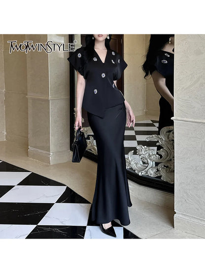 Saviig V Neck Short Sleeve Diamonds Top High Waist Skirt Set