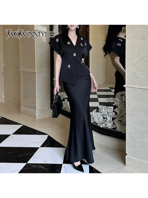 Saviig V Neck Short Sleeve Diamonds Top High Waist Skirt Set