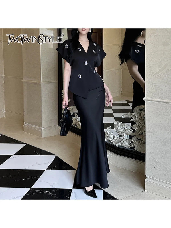 Saviig V Neck Short Sleeve Diamonds Top High Waist Skirt Set