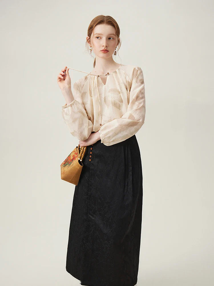 Saviig Beige Print Long Sleeve Blouse with Lace-Up Neck for Women
