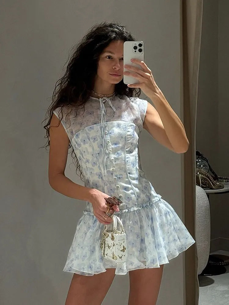 Saviig Blue Printed Sleeveless Mini Dress with Elegant A-line Design