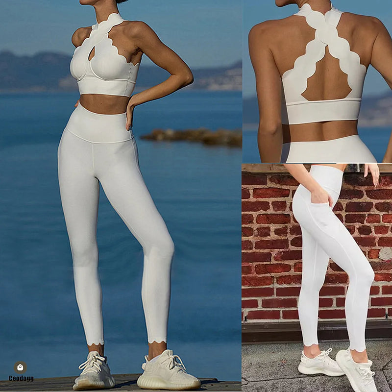 Saviig Laser Sports Bra Top with High Waist Leggings Set for Gym Yoga