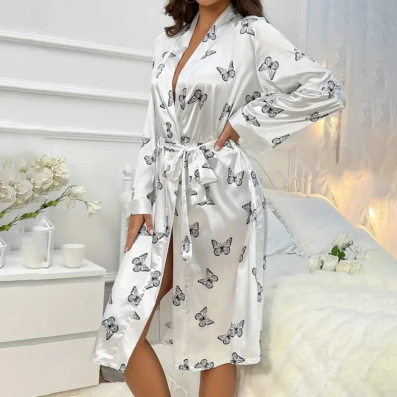 Saviig Satin Kimono Nightgown Sleepwear Nightie for Women Ÿ?? V Neck Long Sleeve Pyjama