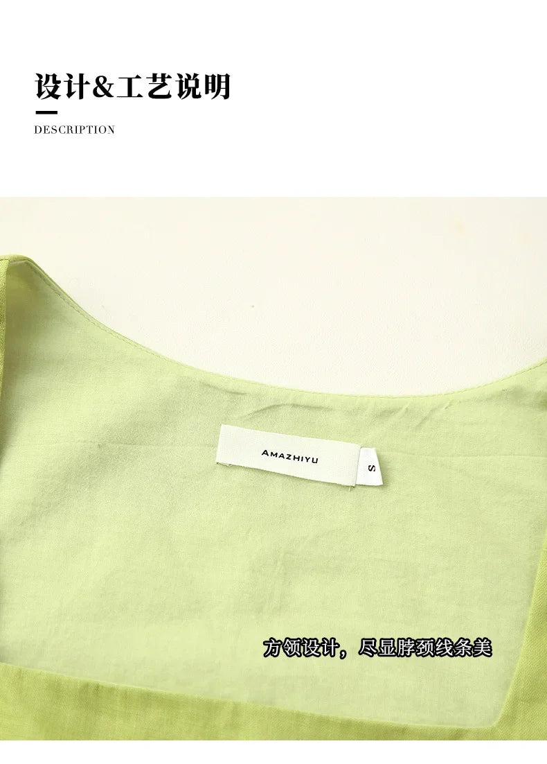 Saviig Linen Square Collar Crop Top Vintage Summer Streetwear White Green Fashion
