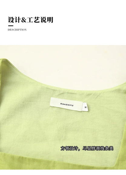 Saviig Linen Square Collar Crop Top Vintage Summer Streetwear White Green Fashion