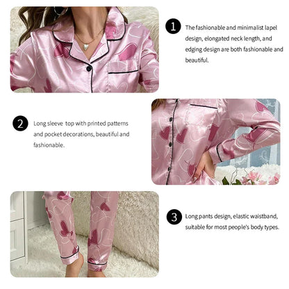 Saviig Heart Print Satin Pajama Set: Long Sleeve Top & Pants Lounge Wear