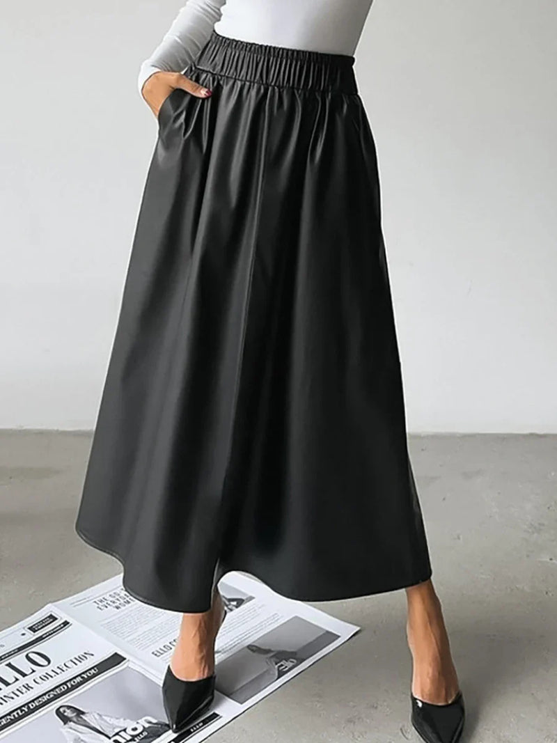 Saviig Retro Red Leather Half Skirt for Women | Autumn Winter PU Chic Long Skirt