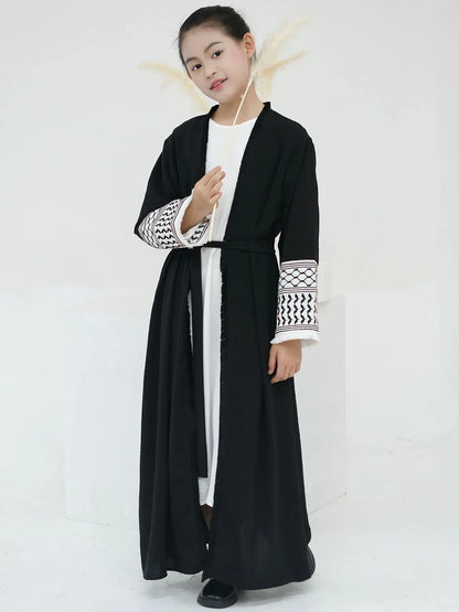 Saviig Ramadan Eid Kids Girl Embroidery Kimono Abaya Muslim Modest Coat Dress