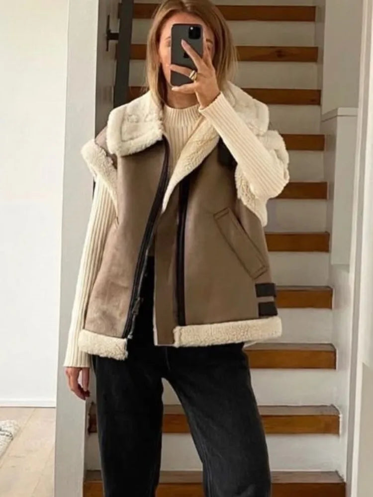 Saviig Contrast Cardigan Vest Sleeveless Zipper Pocket Patchwork Fashion Women's Jackets
