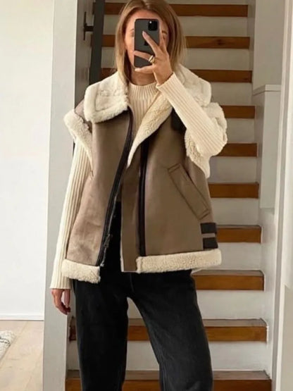 Saviig Contrast Cardigan Vest Sleeveless Zipper Pocket Patchwork Fashion Women's Jackets