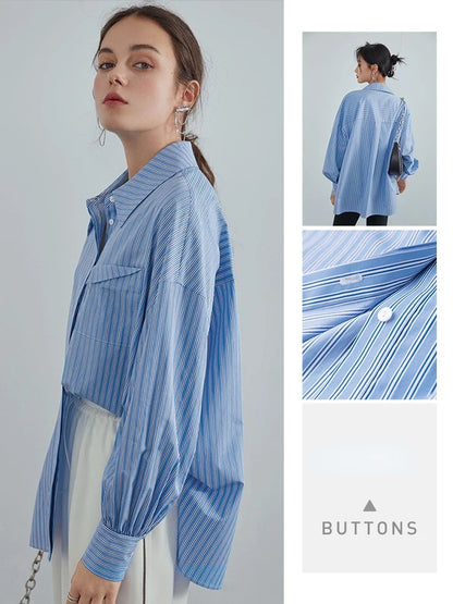 Saviig Blue Striped Button Up Shirt - Women's Oversized Casual Blouse