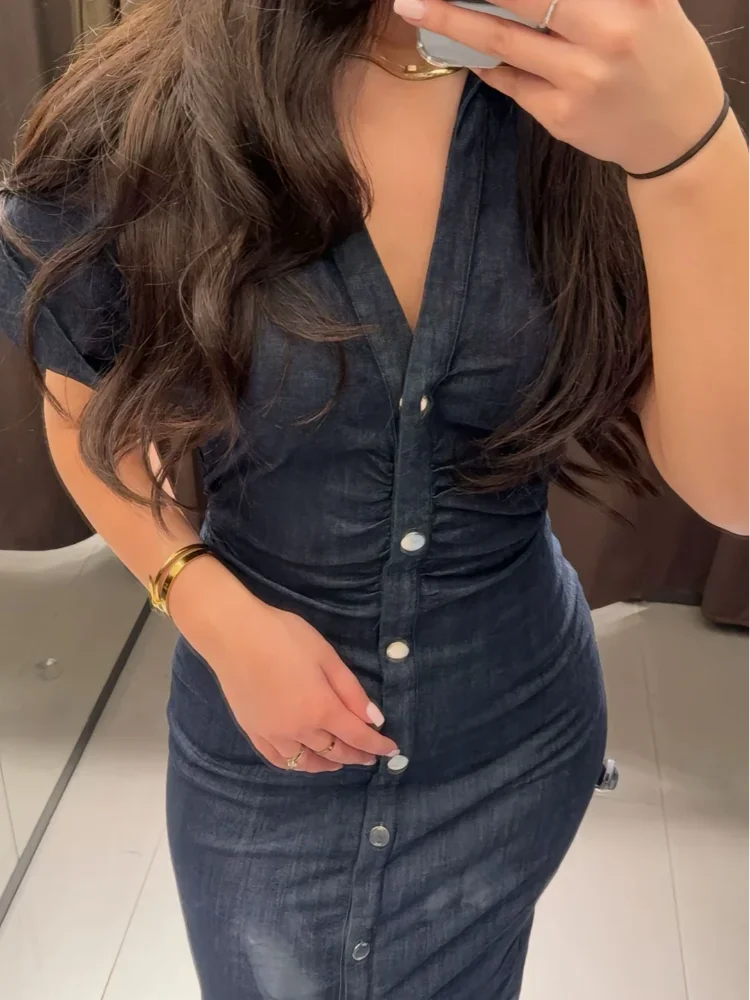 Saviig Chic Pleated Denim Dress: Short Sleeve Lapel Solid Vestidos