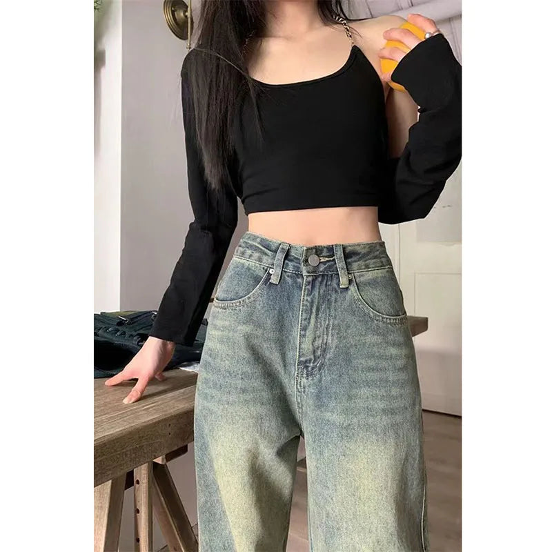 Saviig Vintage High-Waisted Distressed Denim Jeans Wide Leg Cowboy Pants