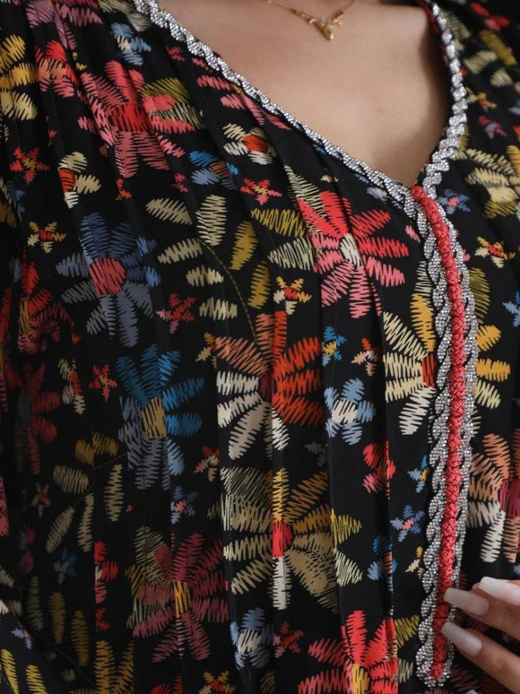 Saviig Floral Print Diamond Eid Abaya Dress for Women - Muslim Party Kaftan Dubai