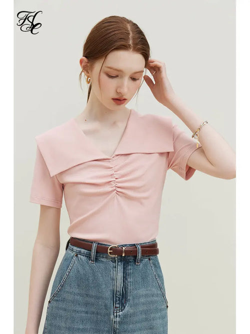 Saviig Knitted Doll Collar Short-sleeve Tee: Chic Summer Style