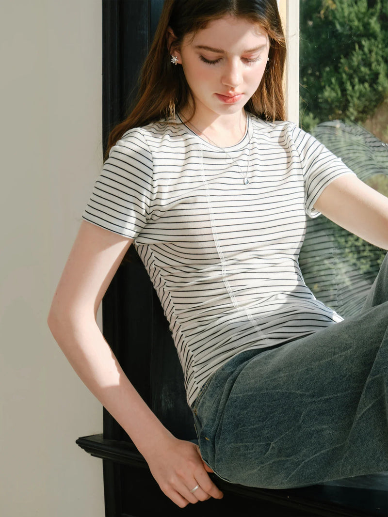 Saviig Women's Wool Blend Striped T-Shirt with Irregular Hem