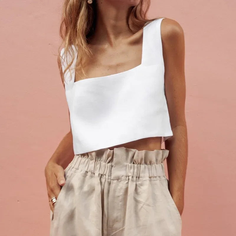 Saviig Chic Square Neck Linen Crop Top Solid Color Backless Sleeveless Summer 2025