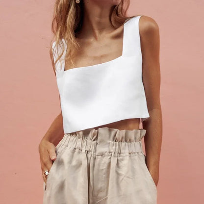 Saviig Chic Square Neck Linen Crop Top Solid Color Backless Sleeveless Summer 2025