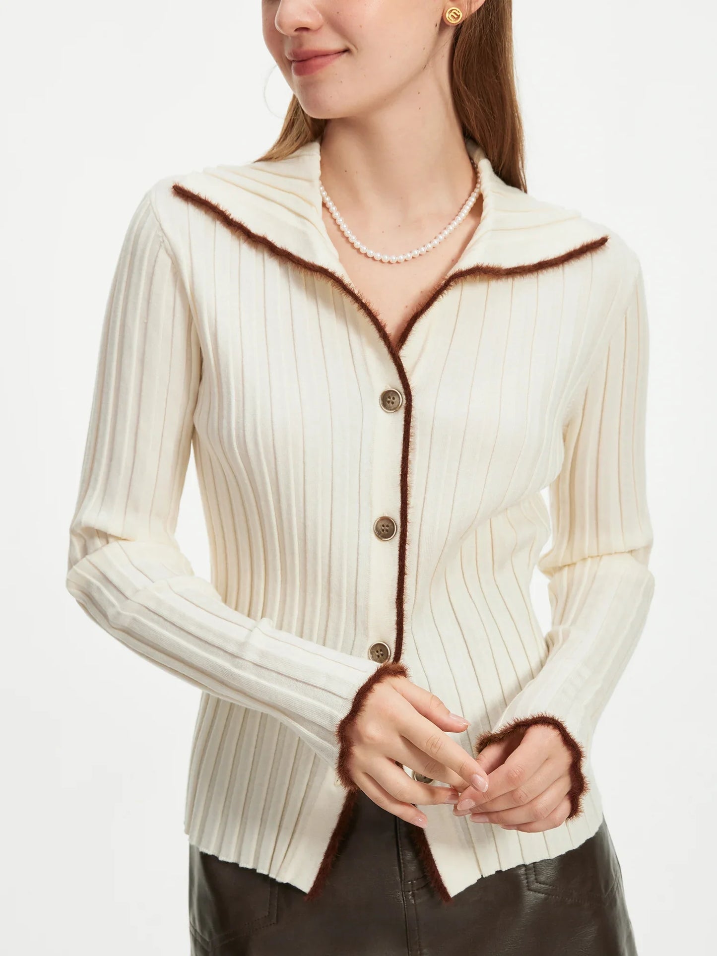 Saviig Navy Knitted Cardigan: Autumn 2024 Contrast Color Retro Tops