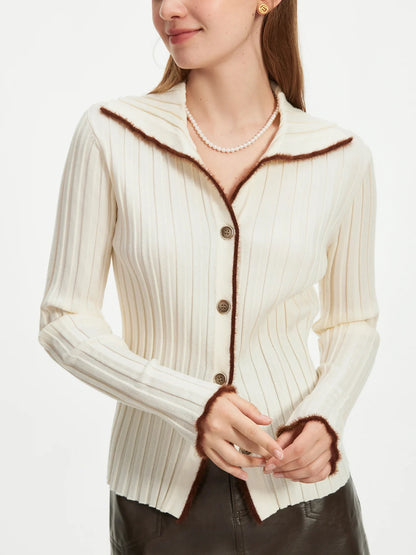 Saviig Navy Knitted Cardigan: Autumn 2024 Contrast Color Retro Tops