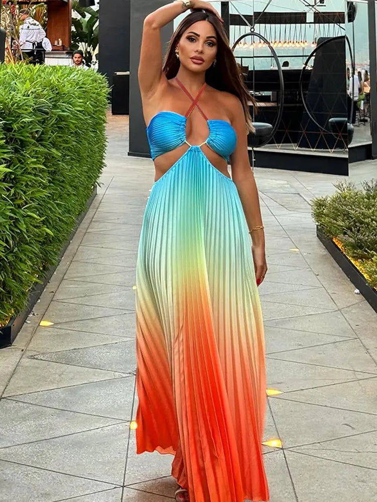 Saviig Printed Gradient Halter Long Dress Hollow Out Vacation Robe