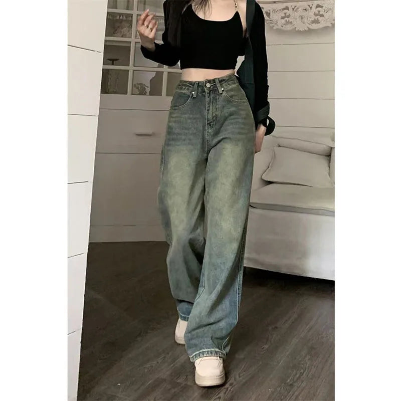 Saviig Vintage High-Waisted Distressed Denim Jeans Wide Leg Cowboy Pants