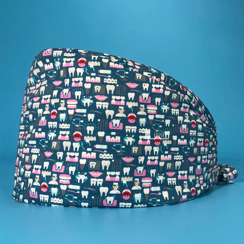 Saviig Tooth Print Unisex Clinic Scrub Cap | High-Quality Cotton Dental Work Hat