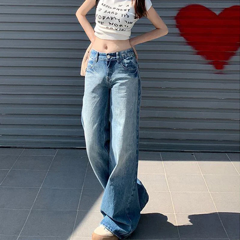 Saviig Vintage Blue Wide Leg High Waist Jeans - All-Match Baggy Denim Trousers