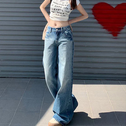 Saviig Vintage Blue Wide Leg High Waist Jeans - All-Match Baggy Denim Trousers